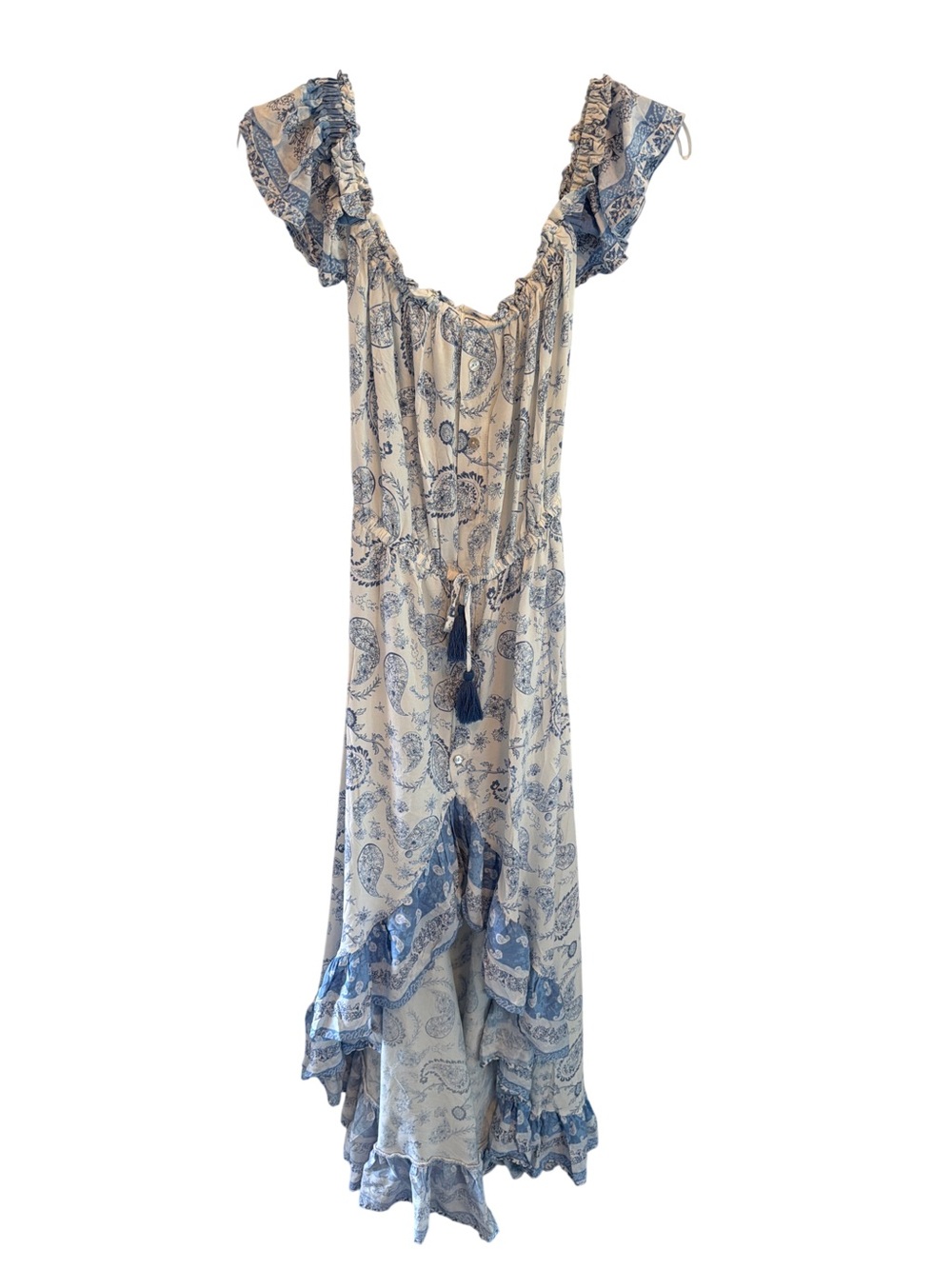 Surf Gypsy Blue Paisley Tassel Maxi Off Shoulder Dress
